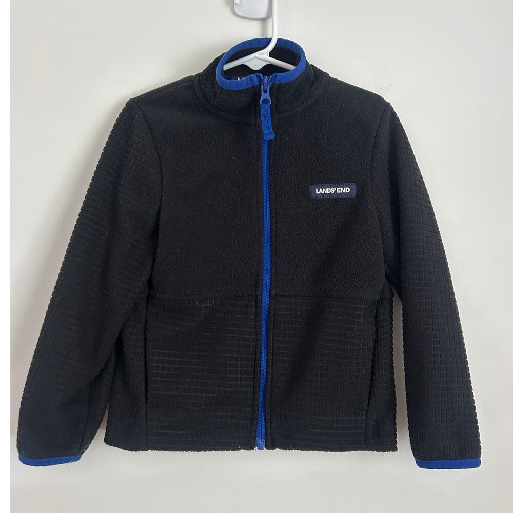 Lands' End Boy's Breathable Grid Fleece Full-Zip Jacket XS(4/5) Black Blue Trim - Picture 2 of 7